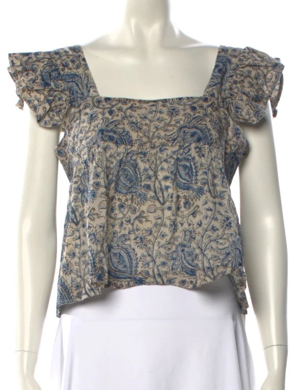 MATTA $175 • 18” PTP • Blue Floral Boho Square Neckline Ruffle Sleeve Top - Picture 2 of 10